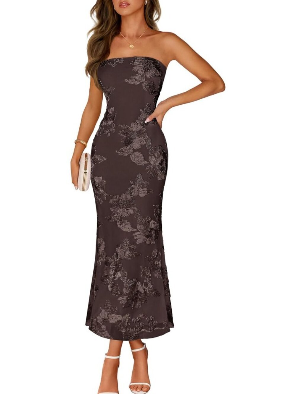 Women's Floral Strapless Maxi Dress Coffee Summer Mesh Bodycon Formal Dress